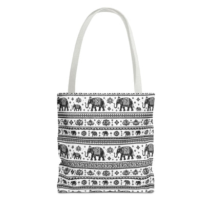 Thai Elephant Pattern Tote Bag - Boho Black & White All-Over Print