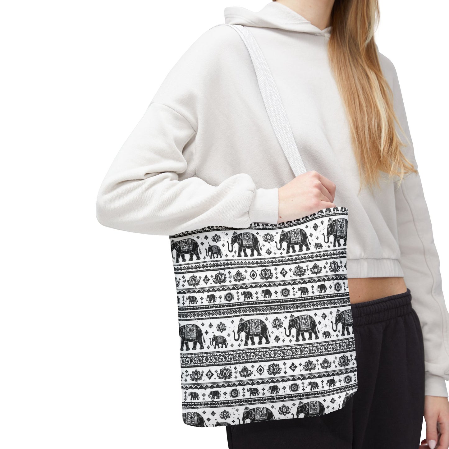 Thai Elephant Pattern Tote Bag - Boho Black & White All-Over Print
