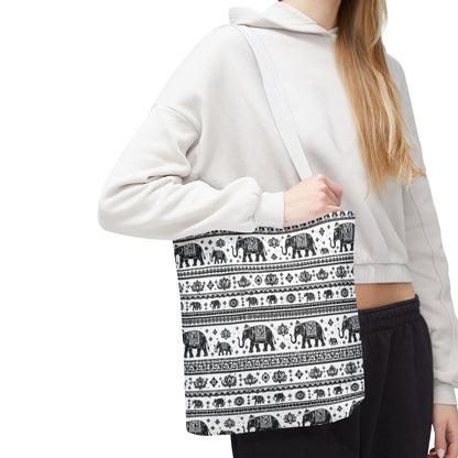 Thai Elephant Pattern Tote Bag - Boho Black & White All-Over Print