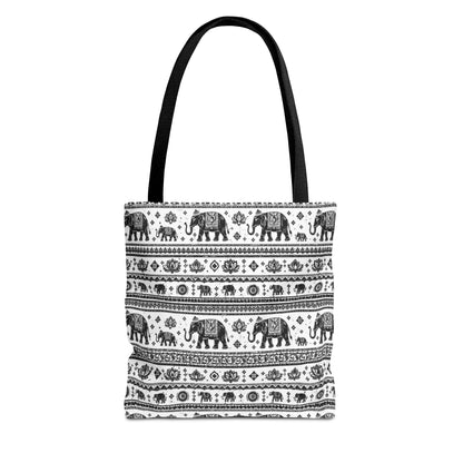 Thai Elephant Pattern Tote Bag - Boho Black & White All-Over Print