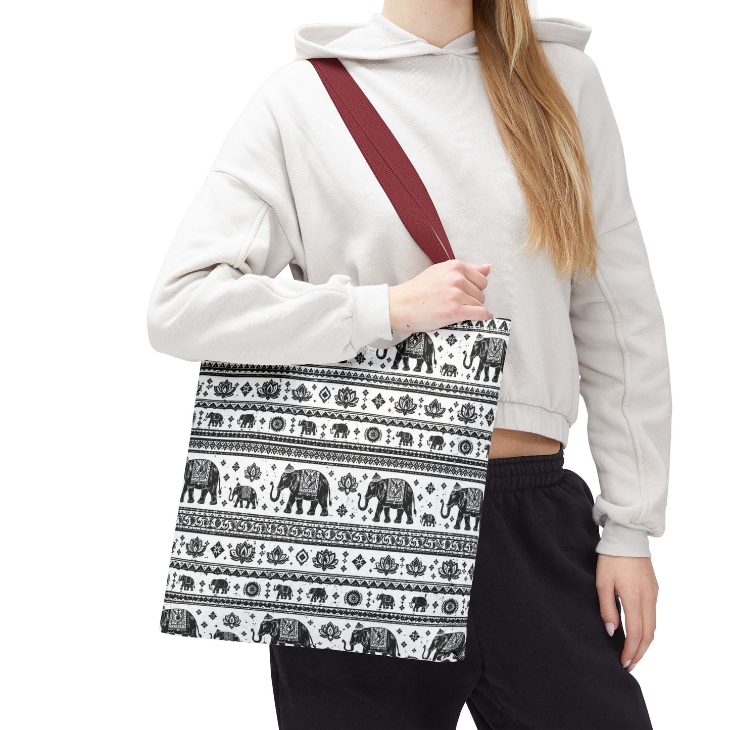 Thai Elephant Pattern Tote Bag - Boho Black & White All-Over Print