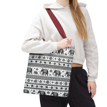 Thai Elephant Pattern Tote Bag - Boho Black & White All-Over Print