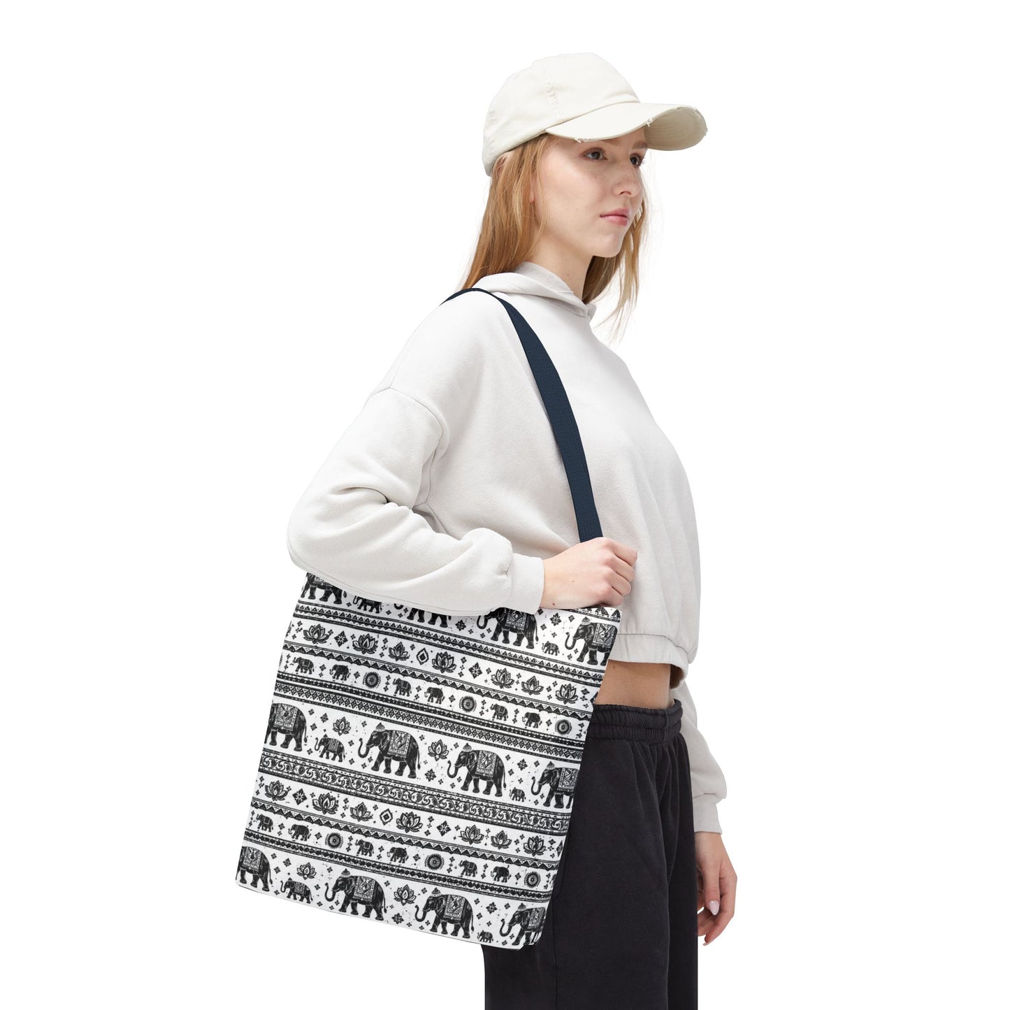 Thai Elephant Pattern Tote Bag - Boho Black & White All-Over Print