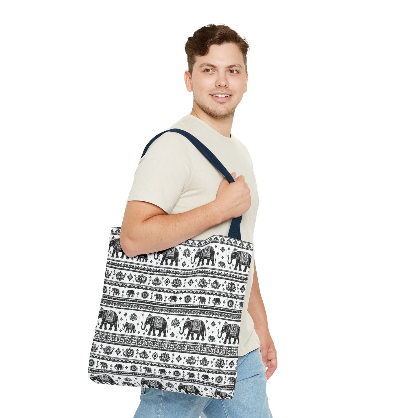 Thai Elephant Pattern Tote Bag - Boho Black & White All-Over Print
