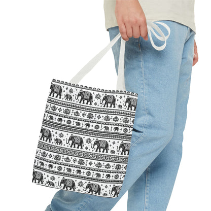 Thai Elephant Pattern Tote Bag - Boho Black & White All-Over Print