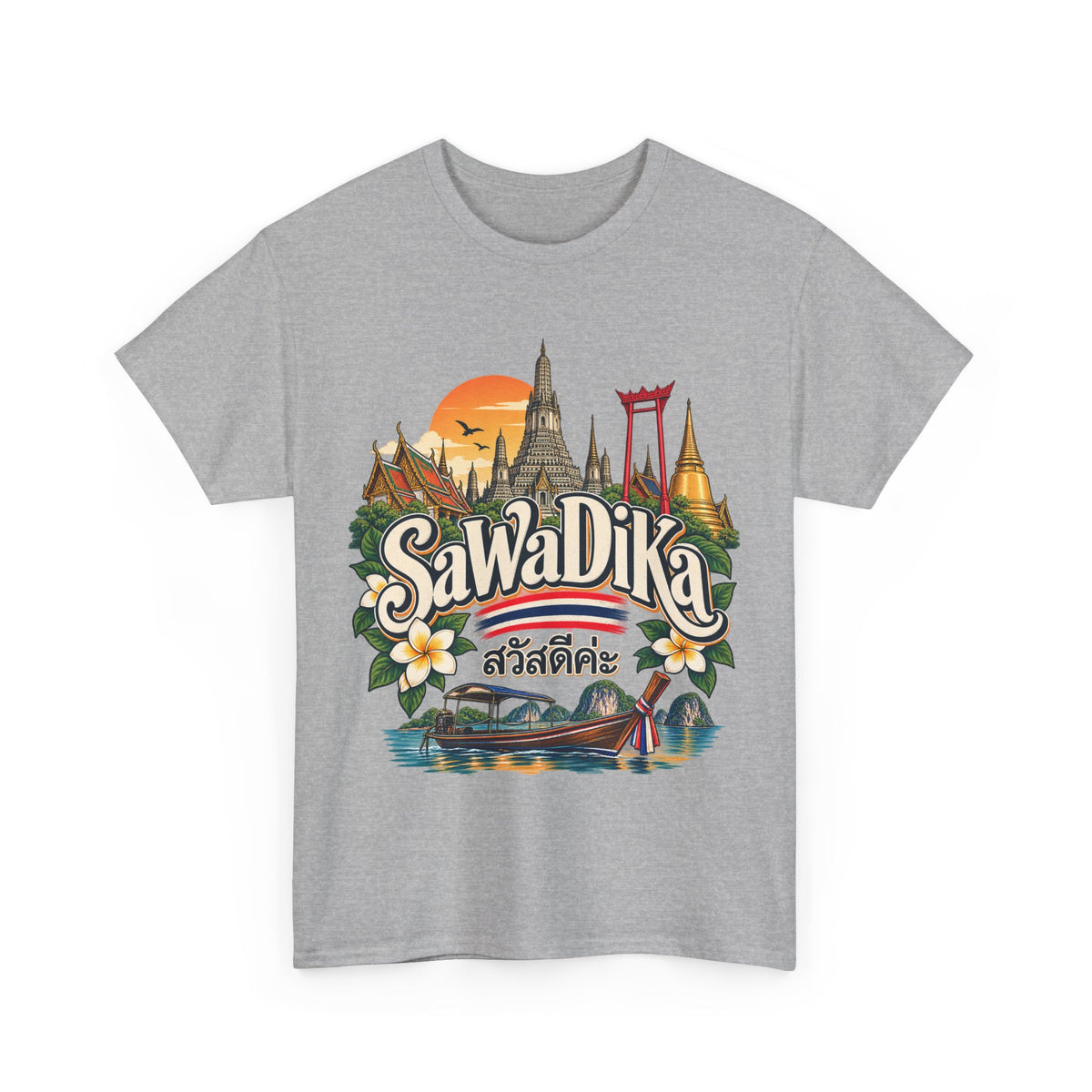 SaWaDiKa Thailand Souvenir Thai Landmark Travel Heavy Cotton T‑Shirt