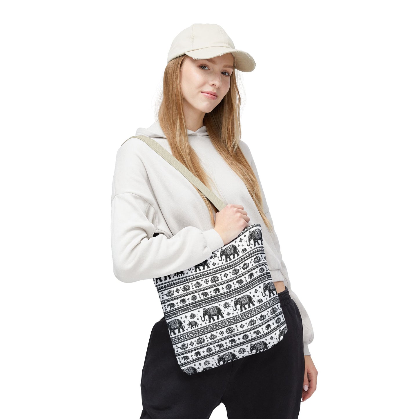 Thai Elephant Pattern Tote Bag - Boho Black & White All-Over Print