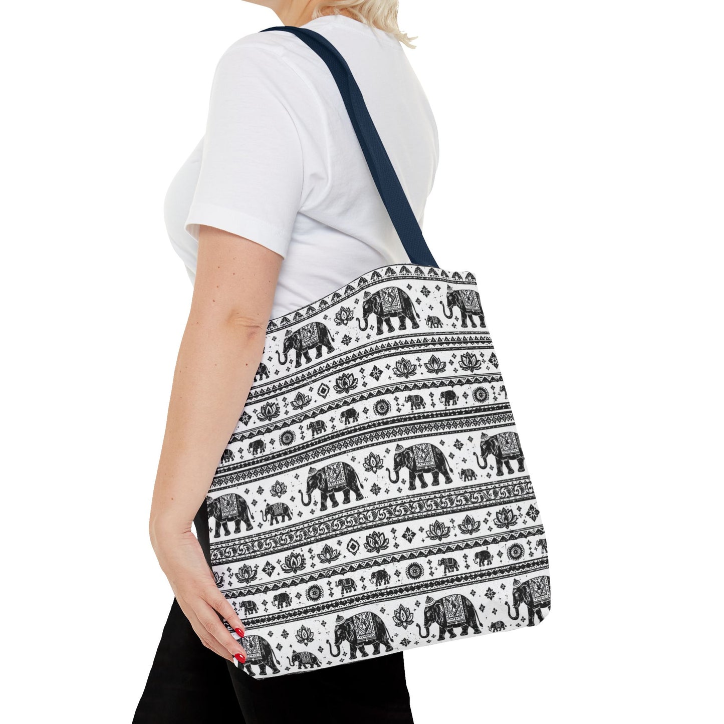 Thai Elephant Pattern Tote Bag - Boho Black & White All-Over Print