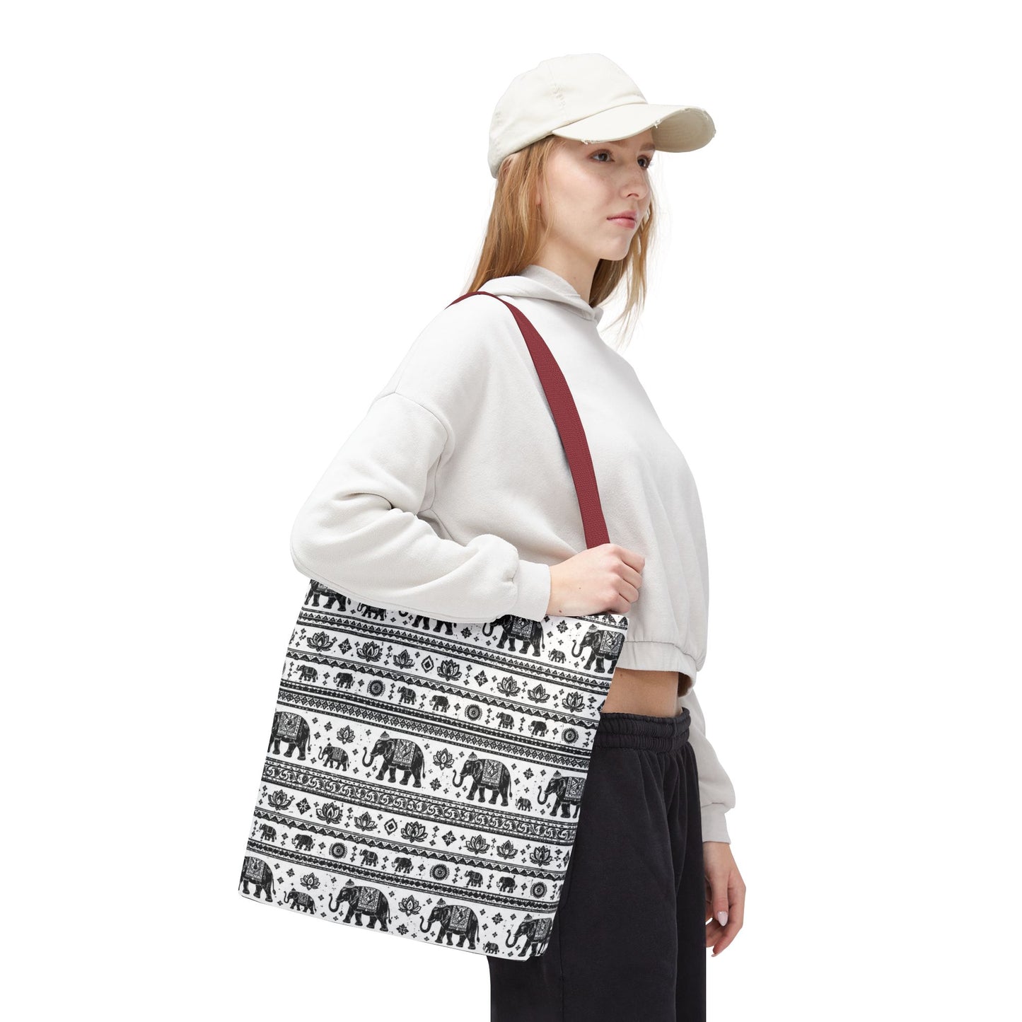 Thai Elephant Pattern Tote Bag - Boho Black & White All-Over Print