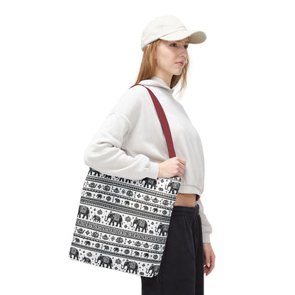 Thai Elephant Pattern Tote Bag - Boho Black & White All-Over Print