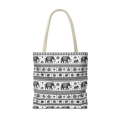 Thai Elephant Pattern Tote Bag - Boho Black & White All-Over Print