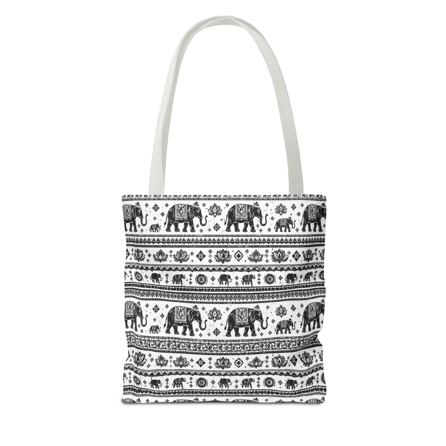 Thai Elephant Pattern Tote Bag - Boho Black & White All-Over Print