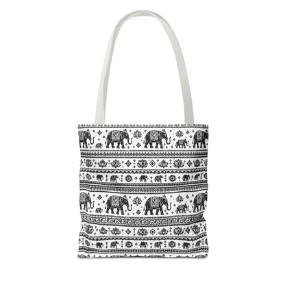 Thai Elephant Pattern Tote Bag - Boho Black & White All-Over Print