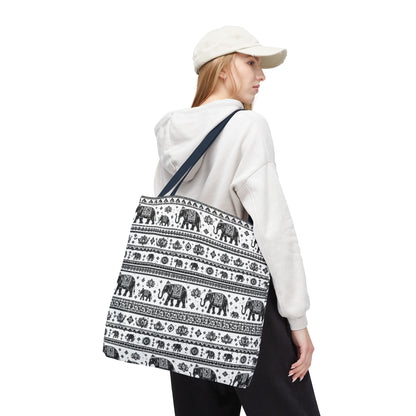 Thai Elephant Pattern Tote Bag - Boho Black & White All-Over Print