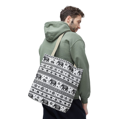 Thai Elephant Pattern Tote Bag - Boho Black & White All-Over Print