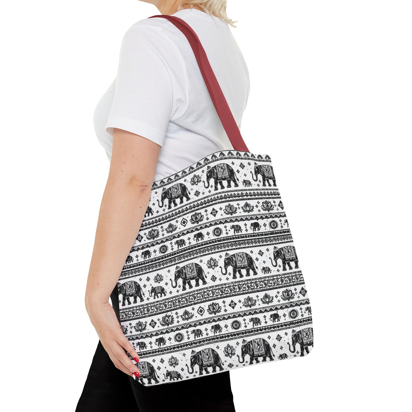 Thai Elephant Pattern Tote Bag - Boho Black & White All-Over Print