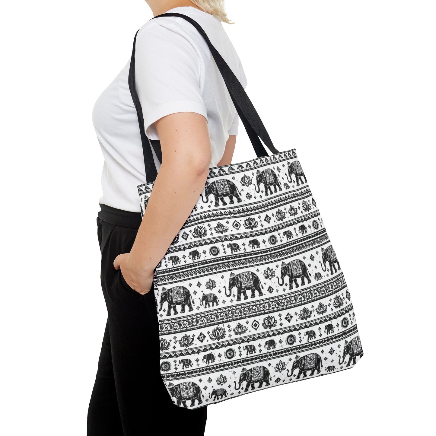 Thai Elephant Pattern Tote Bag - Boho Black & White All-Over Print