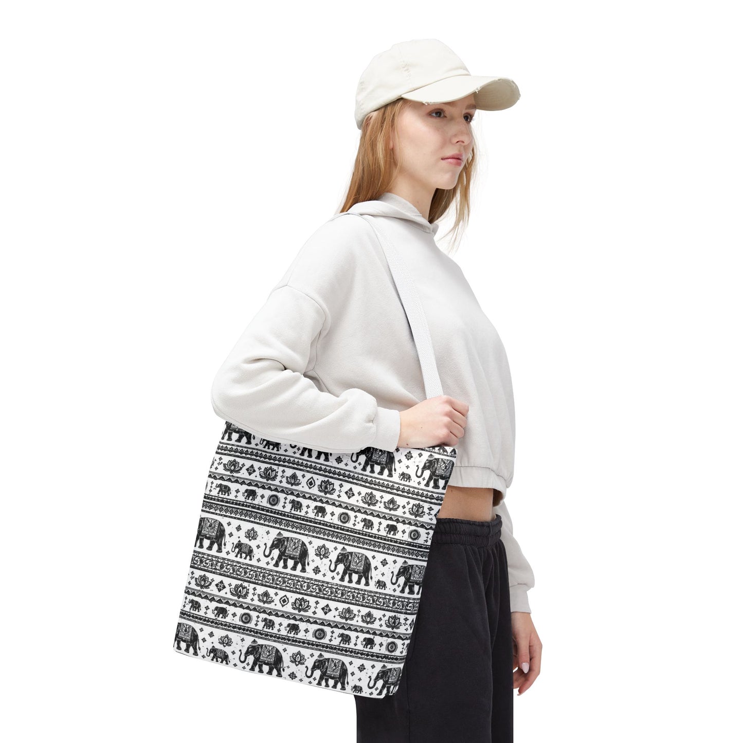 Thai Elephant Pattern Tote Bag - Boho Black & White All-Over Print