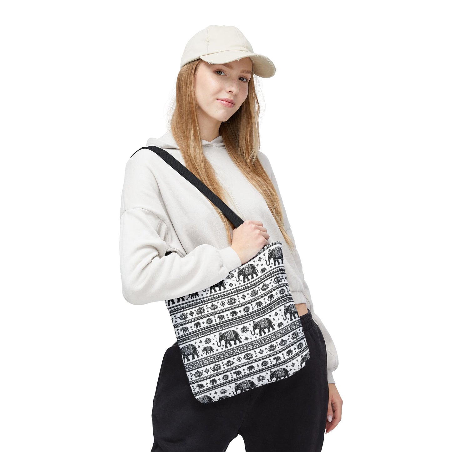 Thai Elephant Pattern Tote Bag - Boho Black & White All-Over Print