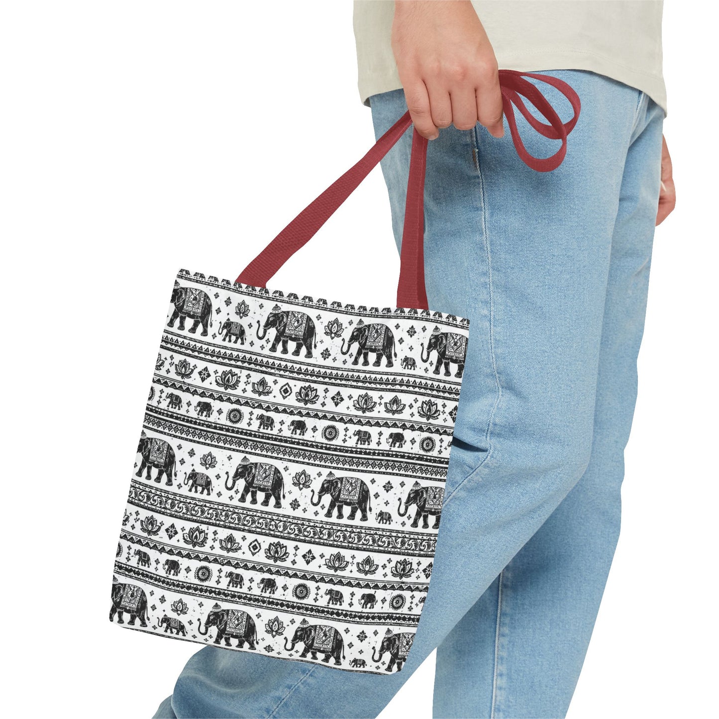 Thai Elephant Pattern Tote Bag - Boho Black & White All-Over Print