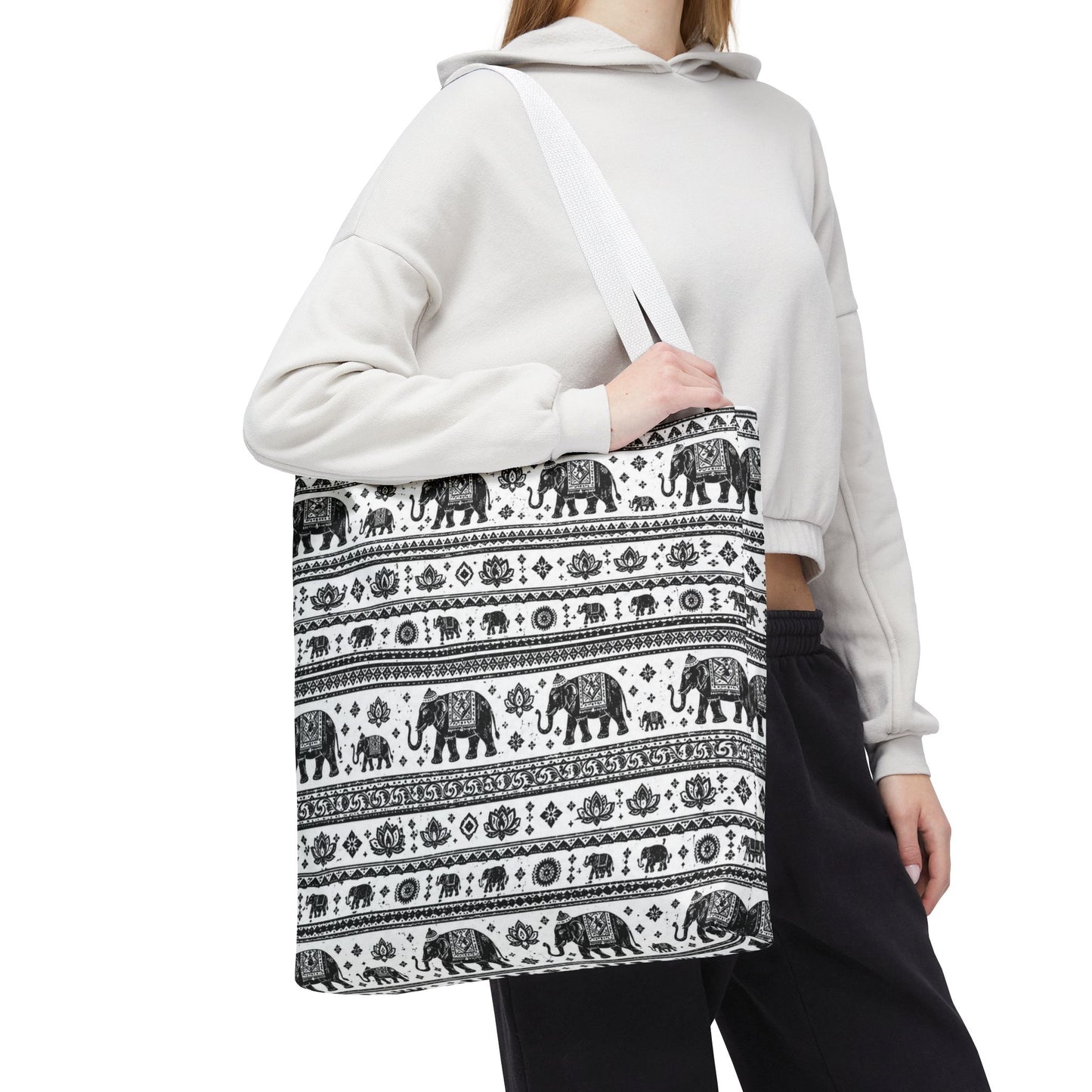 Thai Elephant Pattern Tote Bag - Boho Black & White All-Over Print