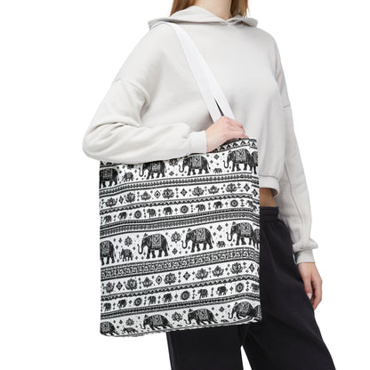 Thai Elephant Pattern Tote Bag - Boho Black & White All-Over Print