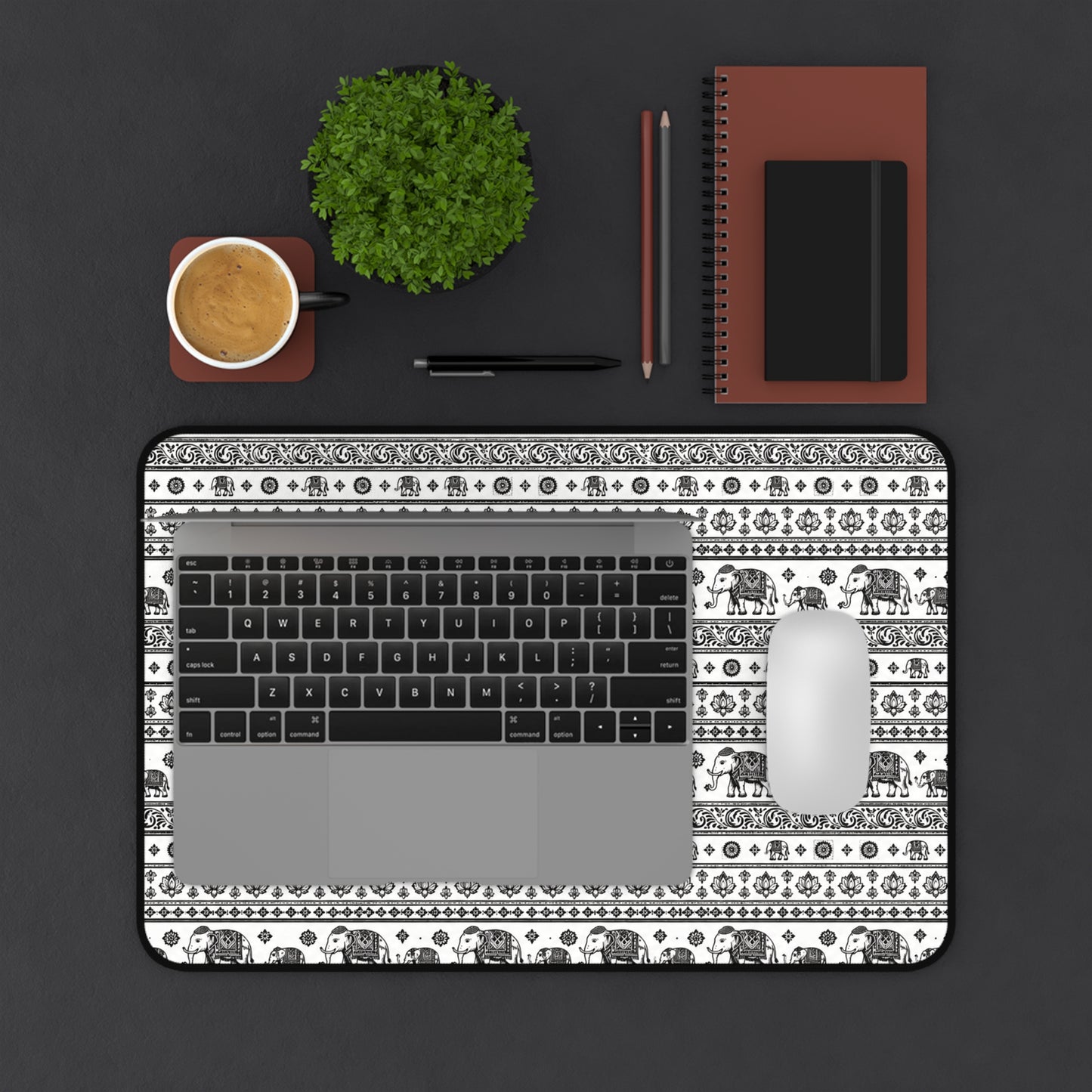 Thai Elephant Pattern Desk Mat - Black & White Boho Pattern
