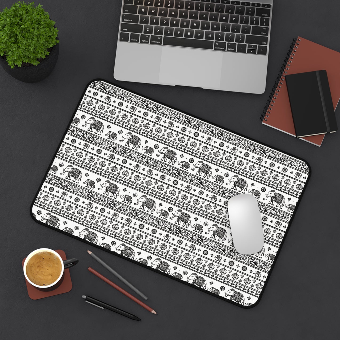 Thai Elephant Pattern Desk Mat - Black & White Boho Pattern