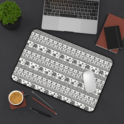 Thai Elephant Pattern Desk Mat - Black & White Boho Pattern