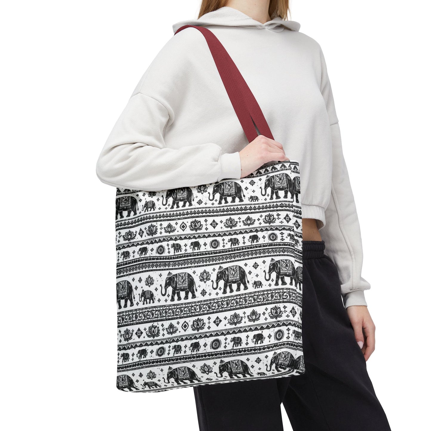 Thai Elephant Pattern Tote Bag - Boho Black & White All-Over Print