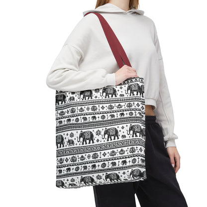 Thai Elephant Pattern Tote Bag - Boho Black & White All-Over Print