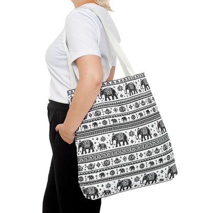 Thai Elephant Pattern Tote Bag - Boho Black & White All-Over Print