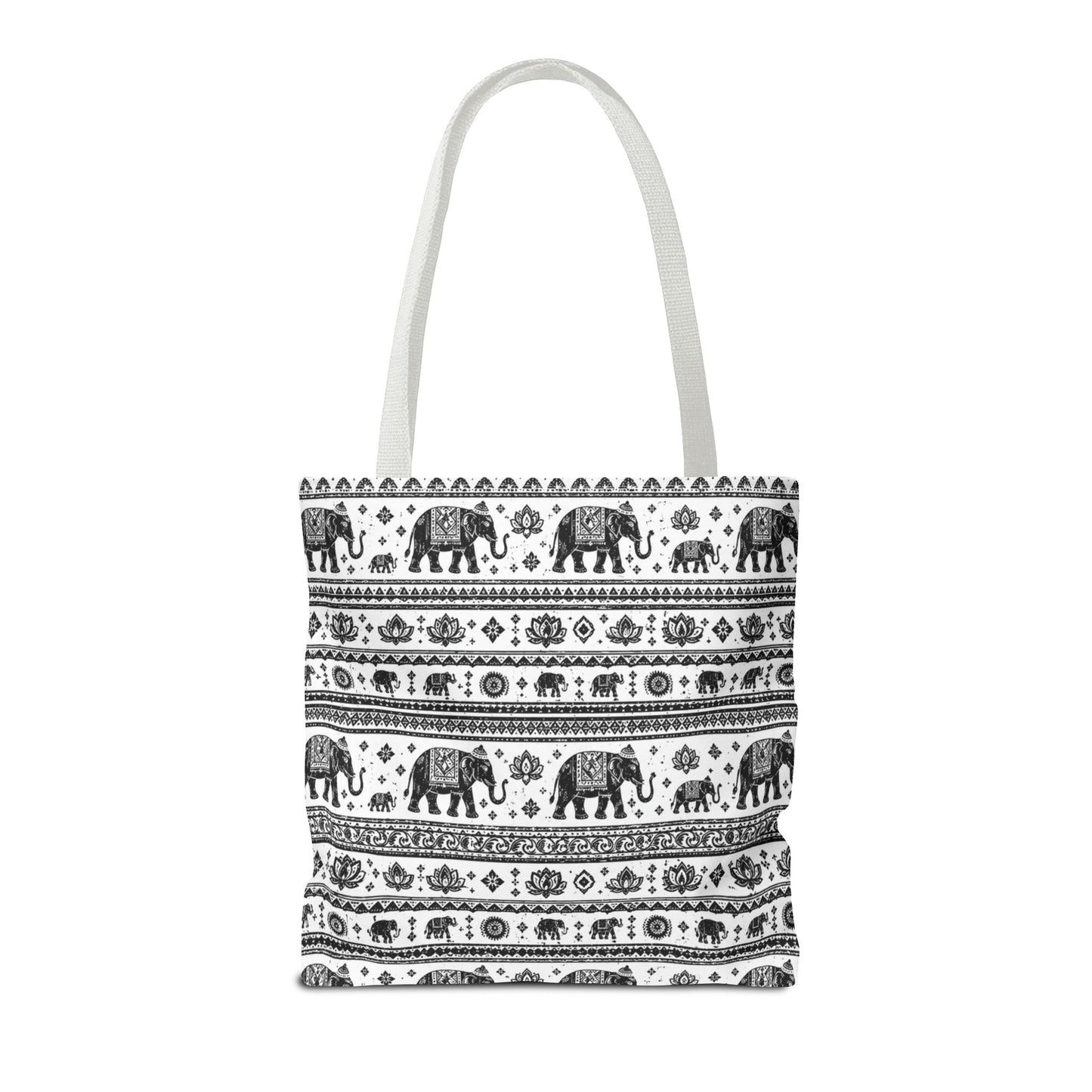 Thai Elephant Pattern Tote Bag - Boho Black & White All-Over Print