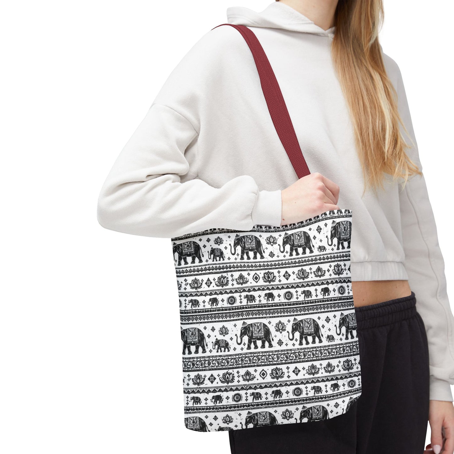 Thai Elephant Pattern Tote Bag - Boho Black & White All-Over Print