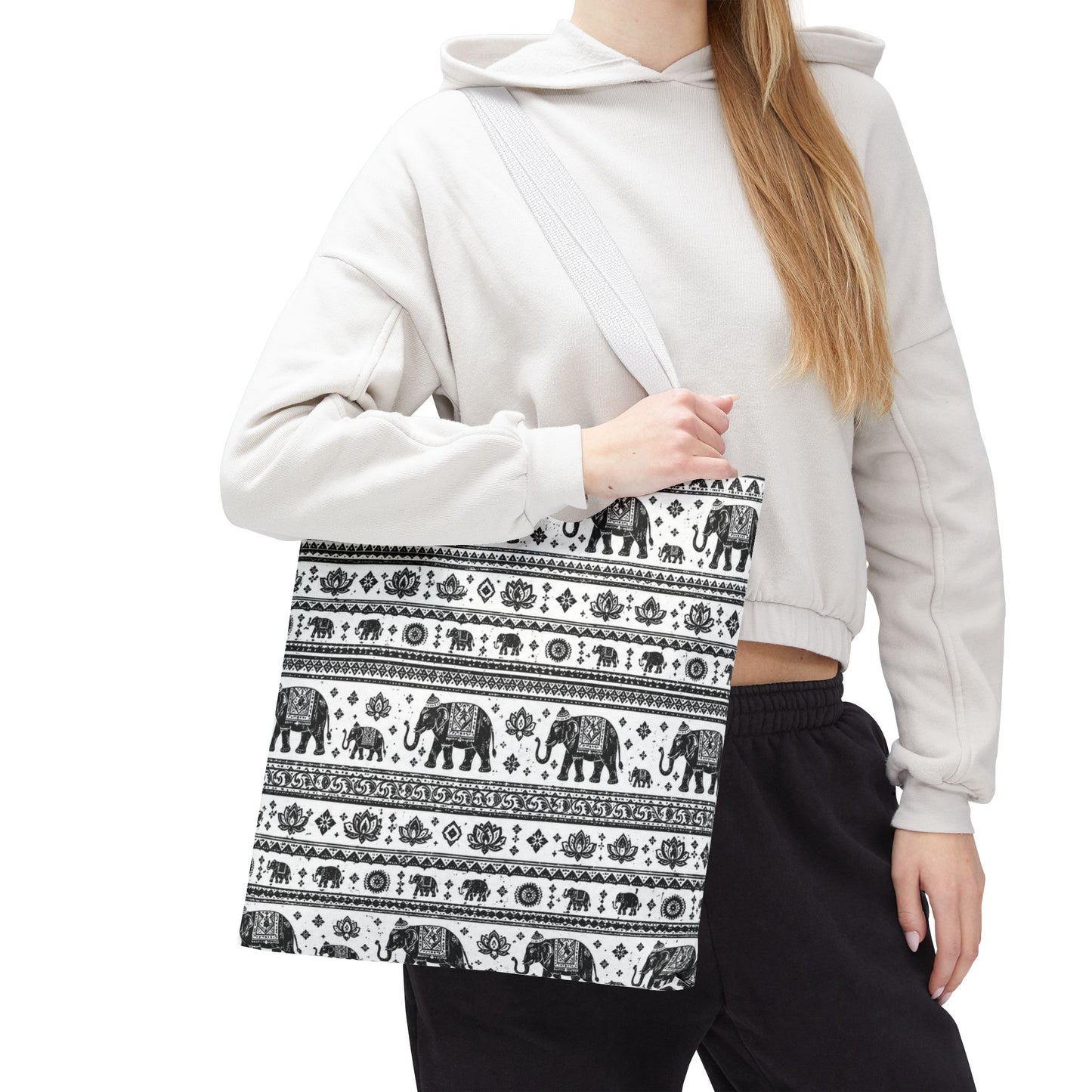Thai Elephant Pattern Tote Bag - Boho Black & White All-Over Print