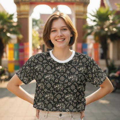 THAILISH.SHOP Thai Chang Crop Tee with black and gold elephant and floral print. 100% polyester.