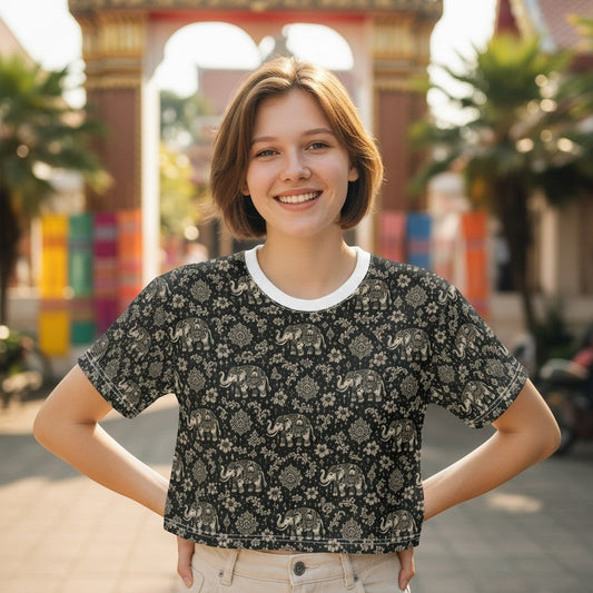 THAILISH.SHOP Thai Chang Crop Tee with black and gold elephant and floral print. 100% polyester.